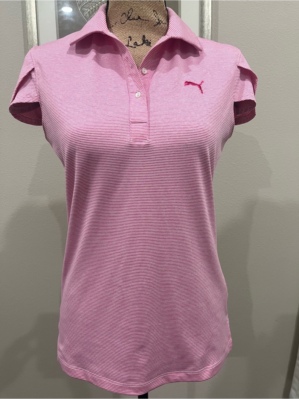 Puma Pink Striped Women's Tulip Short Sleeve Polo size Small. EUC